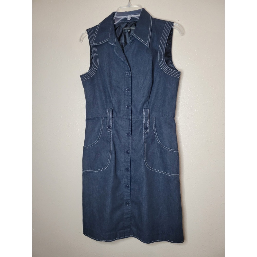 Sandra Darren Women's Navy Cap Sleeve Button Down Collaredβ Dress Pockets Sz 8